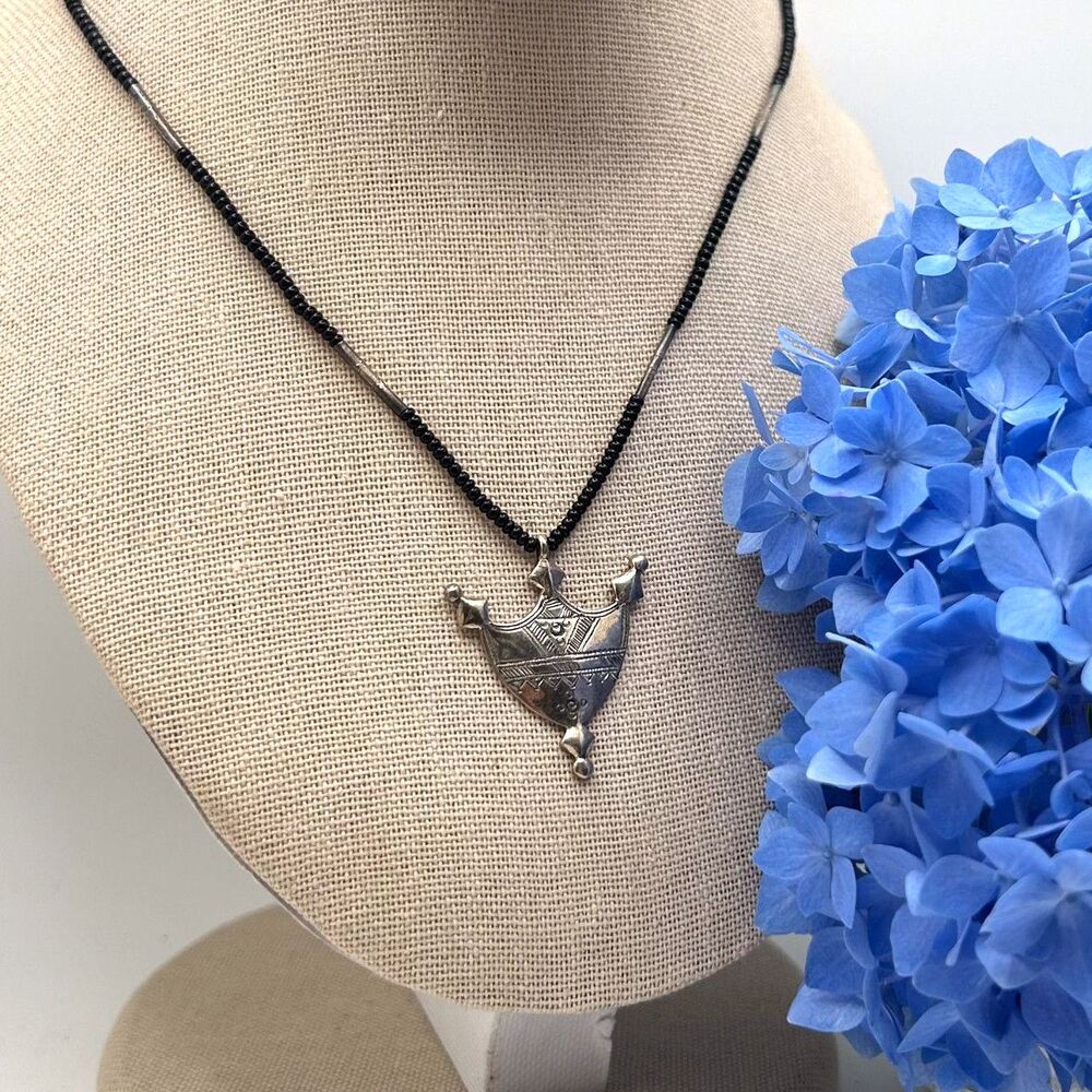 Sterling Silver 925 and Black Seed Bead 16" Tuareg Style Necklace